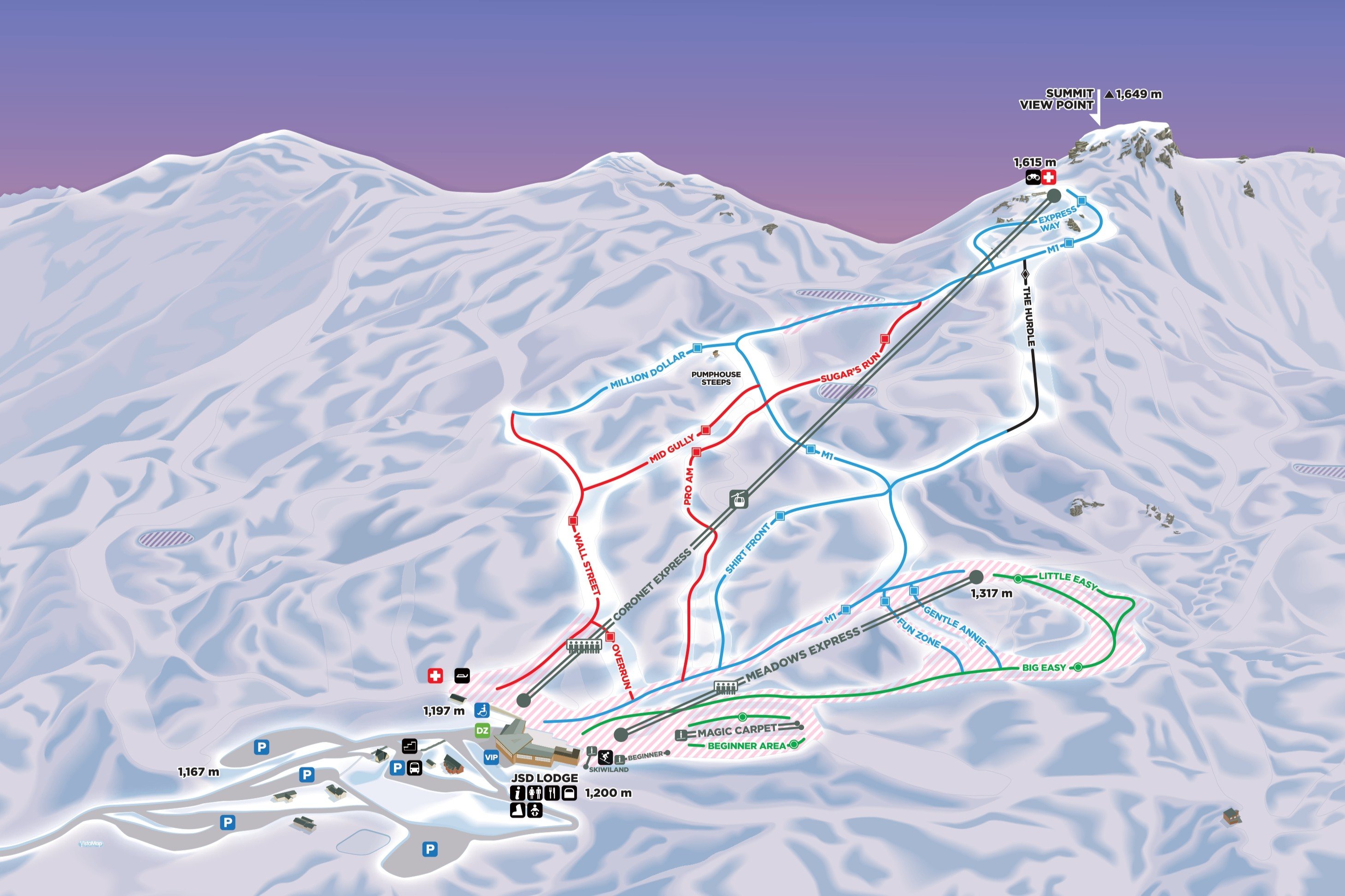 Coronet Peak ski trail map with runs, lifts, summit, and beginner area shown on snowy mountain.