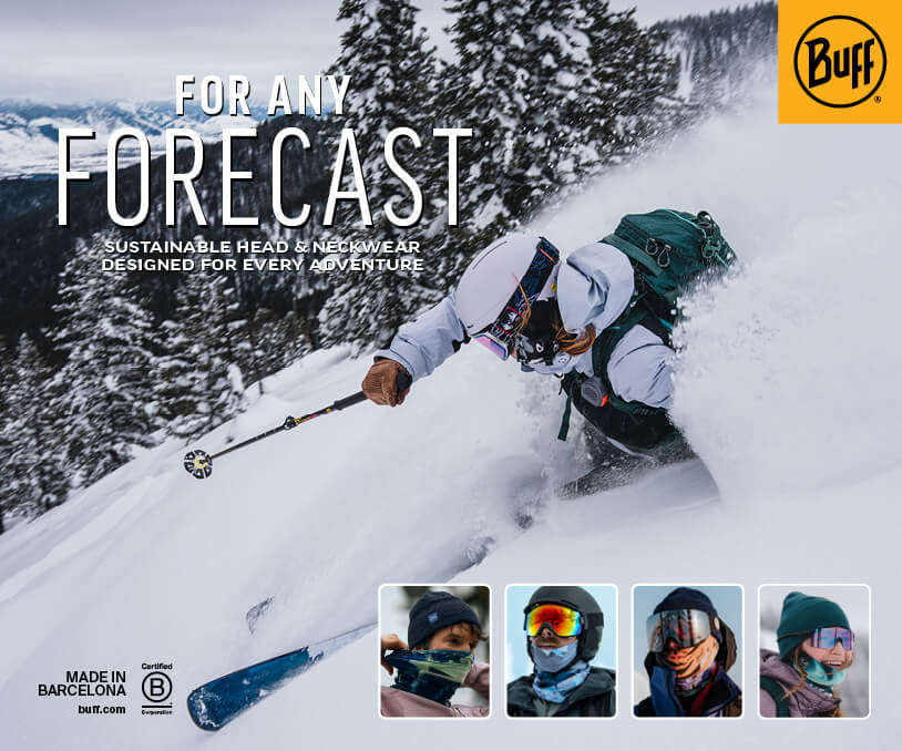 Skier in white jacket and green backpack skiing in deep snow with Buff headwear ad text overlay.